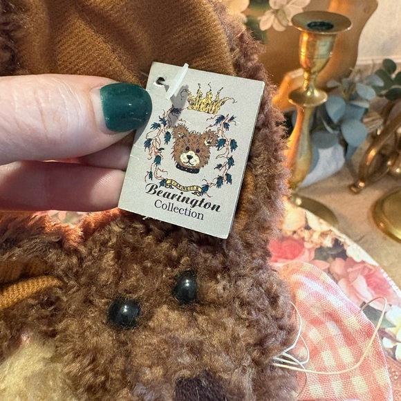 14” DRK BROWN BUNNY W/ CHECKED DRESS HOLDING BEAR FROM THE BEARINGTON COLLECTION - Picture 6 of 8